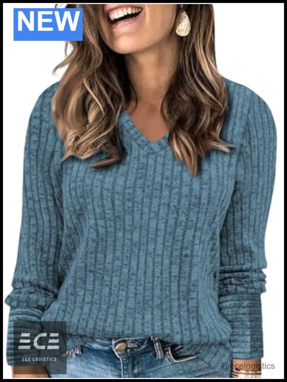 Womens Plus Size V Neck Long Sleeve Ribbed Knit Tunic Top Casual Blouse